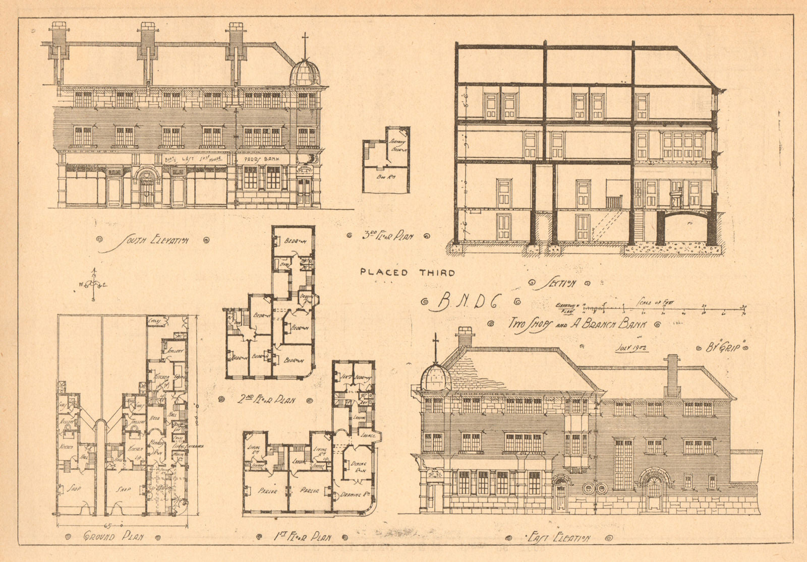 Two shops & a branch bank 1900 old antique vintage print picture